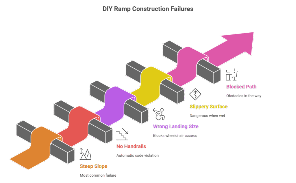 DA Ramp Installation Tampa: Common Mistakes That Cost BigI’ve fixed plenty of DIY disasters. These are the killers:Slope too steep — Most common failNo handrails — Automatic violationWrong landing size — Blocks wheelchairsSlippery surface — Dangerous when wetBlocked path — Furniture or planters in the wayA Carrollwood clinic tried doing it themselves. Three rejections. Called us. Compliant in one week.