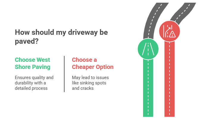 Our Driveway Paving Process – Done Right, Done FastWe don’t cut corners. A Hyde Park homeowner hired the cheap guy. Six months later? Sinking spots and cracks. Called us crying. We fixed it right. Here’s exactly how West Shore Paving does driveway paving Tampa:Free On-Site Quote — Same-day visit, no games.Old Driveway Removal — Rip out the junk if needed.Solid Base — 6–8 inches of limerock, compacted tight.Hot Asphalt — 300°F mix, 2-inch top layer, rolled smooth.Edges & Drainage — Slope it so water runs off, not under.Sealcoat Option — Add protection the same week.