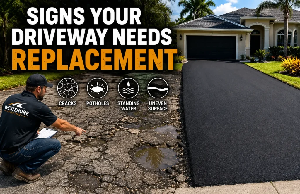 WestShore Paving expert inspecting a cracked driveway showing signs it needs replacement in Tampa
