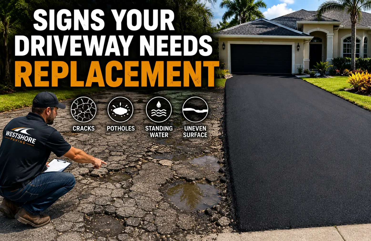 WestShore Paving expert inspecting a cracked driveway showing signs it needs replacement in Tampa
